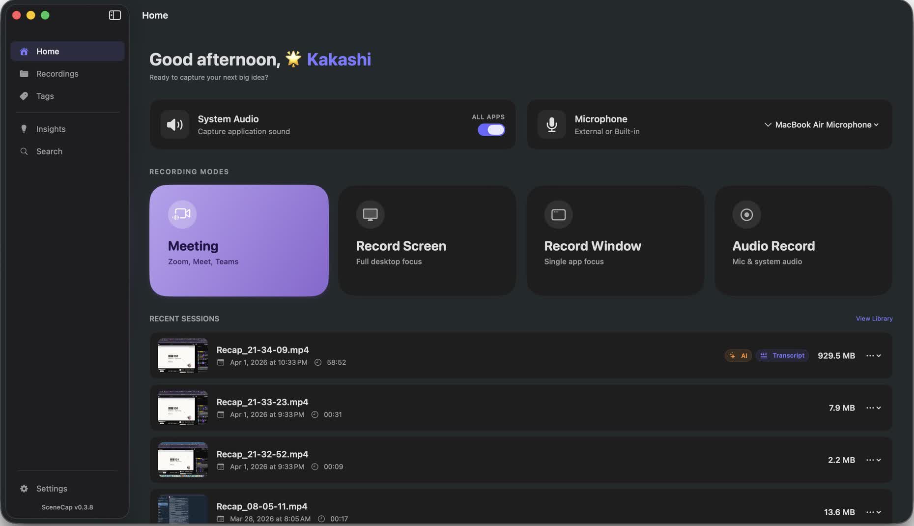 SceneCap Home dashboard with recording modes